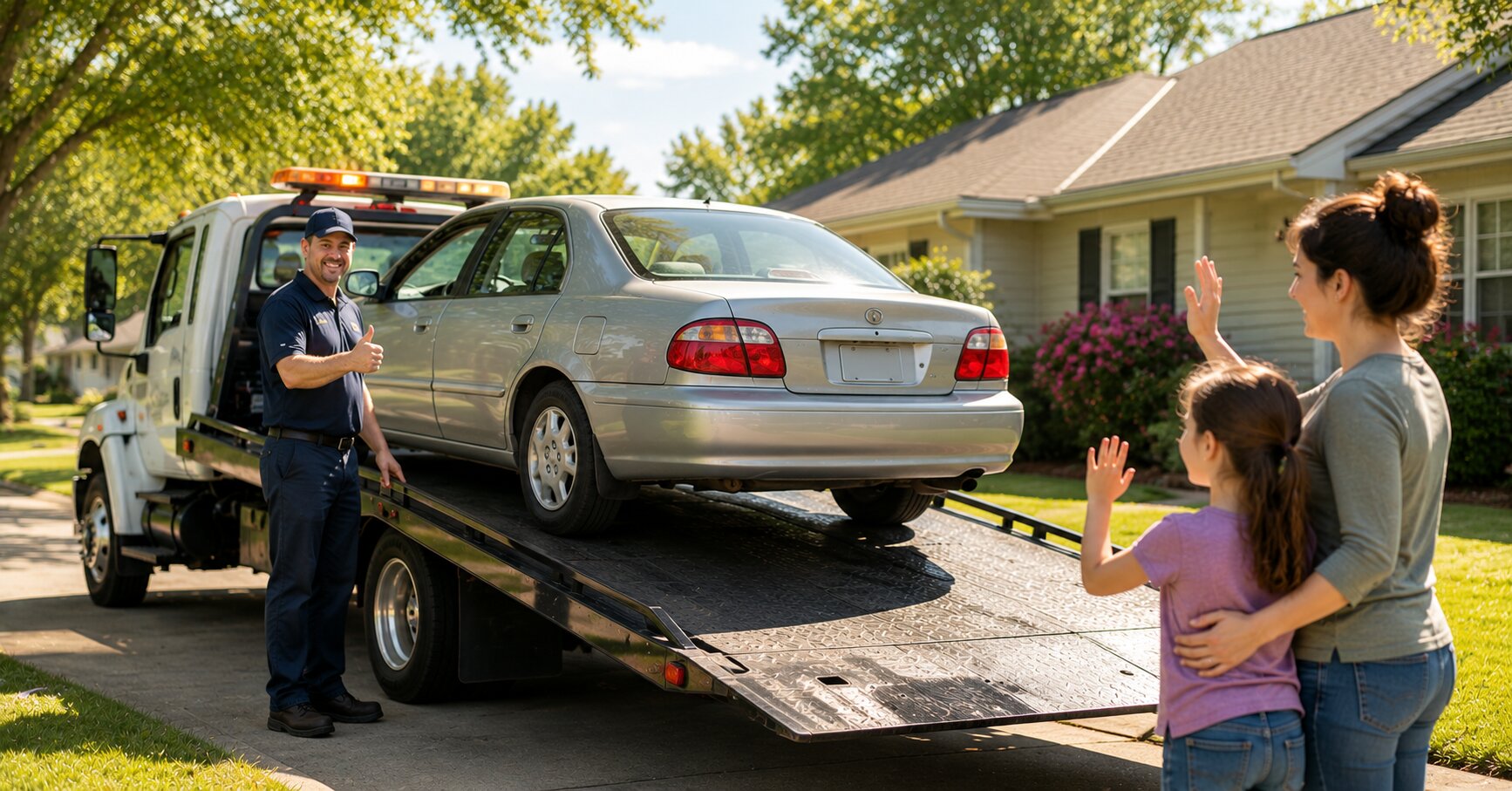 Local tow truck arriving at a driveway